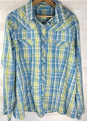 Cabelas XPG Insect Defense Button Long Sleeve Shirt XL Plaid Blue Green Blouse • $14.99