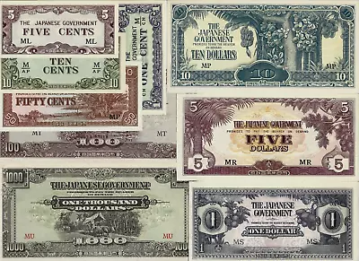 Malaya 1 5 10 50 C 1 5 10 100 1000 Dollars X 9 Pcs 1942-1945 P-M1-M10 UNC 1 SET • $189.99