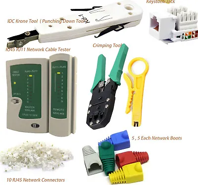 Network Kit Ethernet RJ45 RJ11 Cable Tester Crimping Punch Tool Connector Boots • £13.95