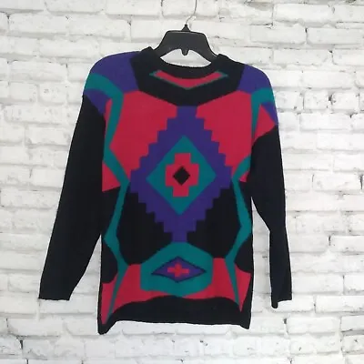 Vintage Segue Sweater Women Medium Black Geometric Southwestern Rabbit Lambswool • $25
