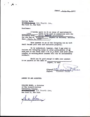 Vincent Price - Contract Signed 07/24/1962 • $425