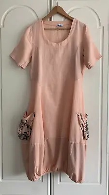 Eden Rock Peach Linen & Jersey  Balloon Style Midi Dress -Elastic Hem Pockets  S • £30