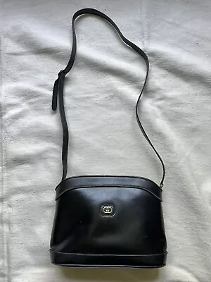 GUCCI Vintage Handbag Black Leather Drawstring Crossbody Shoulder Bag • $318