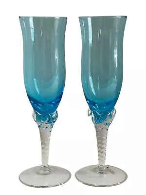 Vintage Italy Blue Crystal Flutes With Clear Twisted Stems 7.5” Hand Made • $50