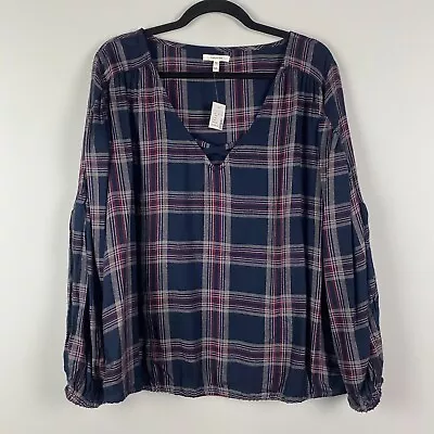 Maurices Blouse Size XXL Blue Plaid Silver Metallic Pullover V Neck Long Sleeve • $16.95