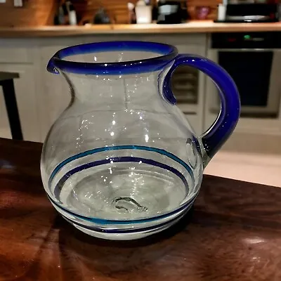 Huge Mexican Hand Blown ThickGlass Water Margarita Pitcher Cobalt Blue & Teal 9  • $39.60