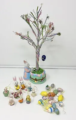 Vintage 90s Easter Tree With Lot Of 30 Mixed Wood Ornaments Egg Bunnies Spring • $14.99