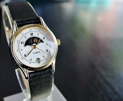 Vintage Timex Date Elegant Moon Phase Quartz Women's Golden Black Dress Watch • $86.99