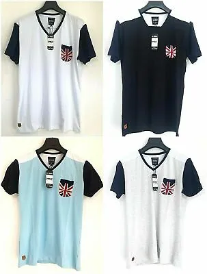 Men's D-Rock Union Jack Stretch Slim Fit V Neck T-shirt Top Pocket Short Sleeve • £12.99