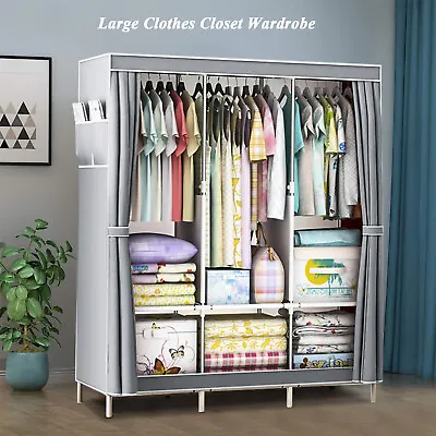 New Canvas Wardrobe Clothes Closet With Hanging Rail & Shelves For Ample Storage • £20.99