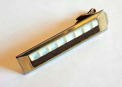 VTG Gold Tone Wood & Mother Of Pearl Inlay Tie Clip Bar Clip 2 Inch Father's Day • $6.50