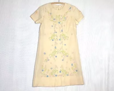 Vtg 60s Mini Dress Floral Embroidered Handwork Tissue Gauze Silk Mod Short S • $74