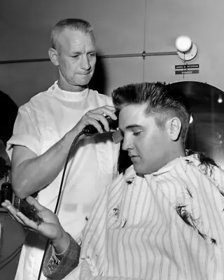 8x10 B&W Photo Of Rock Legend Elvis Presley Getting His Hair Cut In The Army. • $6.99