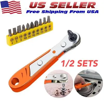 Ratcheting Right Angle Screwdriver Hex Drive 90 Degree Offset + 10PCS Bits Set • $7.17