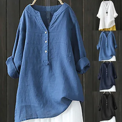 Plus Size Womens Casual Cotton Linen Tunic T-Shirt Tops Ladies Baggy Blouse Tee • £10.89