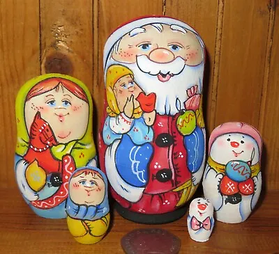 Russian SMALL MATRYOSHKA 5 Nesting Dolls Father Christmas Santa Frost Snowman • £31.49