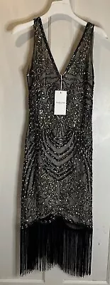 BABEYOND Flapper Dress Large Glam Black 1920s V Neck Beaded Fringed Great Gatsby • $35