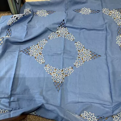 Vintage  Blue Cotton Tablecloth Afternoon Tea  Embroidered & Cutouts 51x48”L • £13.99