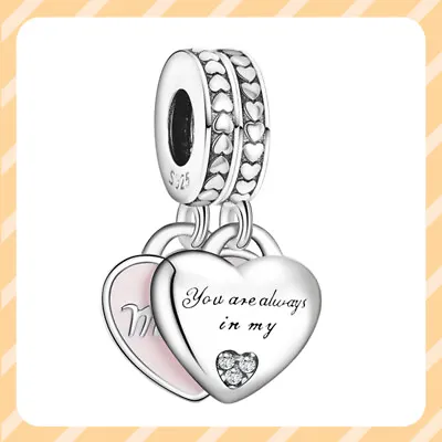 Mother And Daughter Hearts Dangle Charm 925 Sterling Silver Women Bracelet Charm • $15