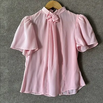 Vtg 80’s Pink Blouse Flutter Sleeve Sheer Ascot Back Pearl Button Pleated Top • $13