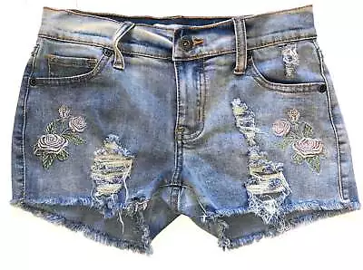 Vintage Havana Girls Light Wash Denim Distressed Rose Embroidered Jean Shorts 12 • $14