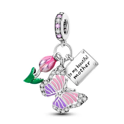 To My Beautiful Mother Mum Letter Butterfly Flower Charm Sterling Silver 925 • £14.99