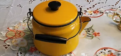 Vintage Enamelware Metal Teapot Tea Kettle Mustard Yellow Gold  • $25.99