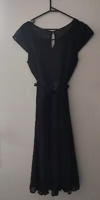 Jacqui E Size 8 Little Black Dress Waist Tie Lace Shoulders Cap Sleeves Tie... • $29