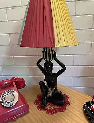 TRUE Vintage 50s “BARSONY” Black Lady Chalk-Ware Lamp & Shade VGC • $1200