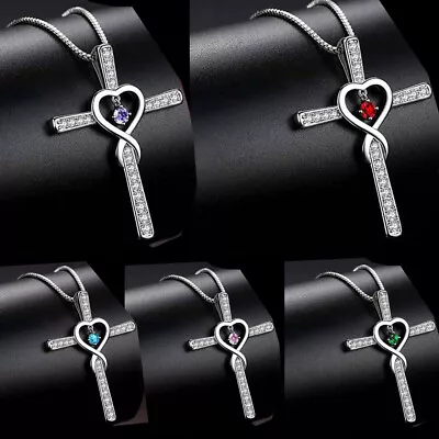 Love Heart Infinity Pendant Birthstone Silver Plated Cross Necklace Women Gift • $2.52