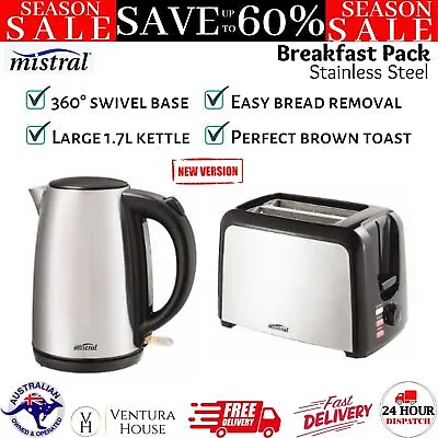Mistral Kettle & Toaster Breakfast Set Stainless Steel 2-Slice 1.7L Combo Pack • $77.03