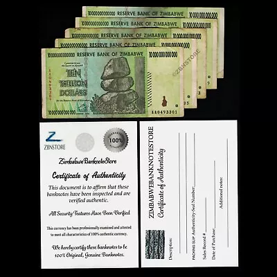 5 X 10 Trillion Zimbabwe Dollars Banknotes AA 2008 Currency 100 % Authentic COA • $175.34