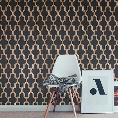 Black Gold Metallic Faux Fabric Geo Eicute Trellis Textured Modern Wallpaper 3D • $4.39