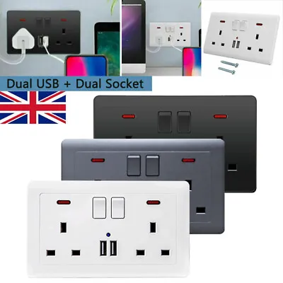 Double Wall Plug Socket 2 Gang 13A W/ 2 Charger USB Ports Outlets Flat Plate UK • £3.99