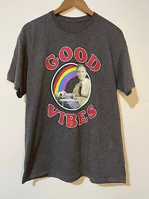 Mister Rogers GOOD VIBES Tee T Shirt Mens M Gray RETRO 50/50 Optima T RAINBOW • $10