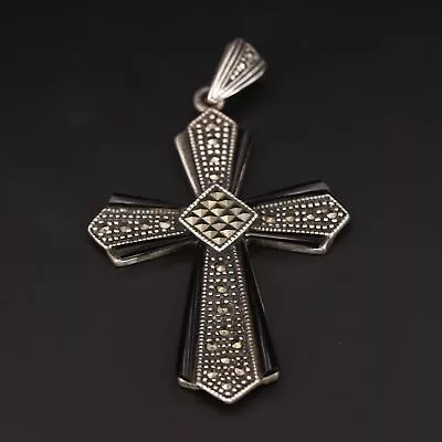 Sterling Silver - DESIGNER TH Onyx & Marcasite Cross Necklace Pendant - 8.5g • $2.99