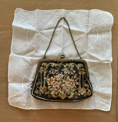 Antique Vtg Petit Point Needle Point Purse With Black Onyx Clasp Pretty Hankie • $39.99