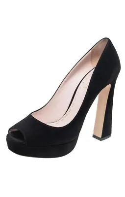 Miu Miu Suede Leather Peep Toe Flared Heel Black Platform Pumps • $69