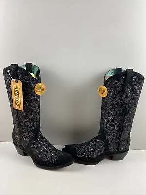 NWB Corral Black Overlay & Embroidery Leather Snip Toe Western Boots Womens 9.5M • $157.49