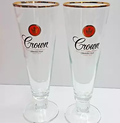 2x Crown Lager Beer Glasses Tall Stem 300ml Gold Rim 21cm Glass Australia Finest • $26.50