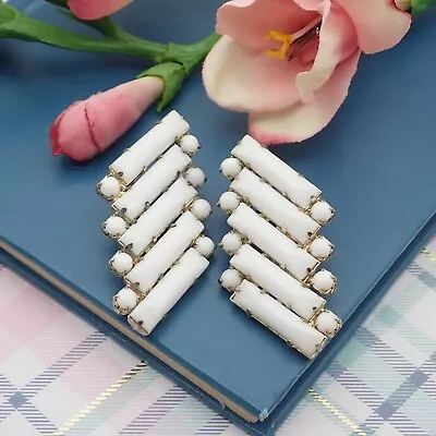 Vintage Round Rectangle Milk Glass Gold Tone Clip Earrings • $19.95
