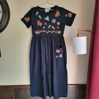 Vintage Michael Simon Thanksgiving Dress Size Medium Embroidered Turkey... • $30