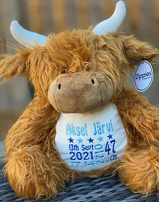 Personalised Large Plush Highland Cow Teddy Bear Baby First Christmas Birth Gift • £22.75