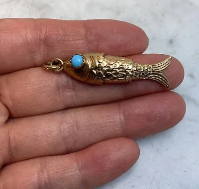 Vintage 18K Yellow Gold Turquoise Eyes Articulated Fish Charm Pendant 5.17 Grams • $550