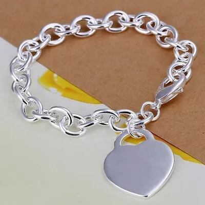 Pure 925 Sterling Silver Rolo Link Chain Charm Bangle Heart Tag Bracelet Jewelry • $9.99