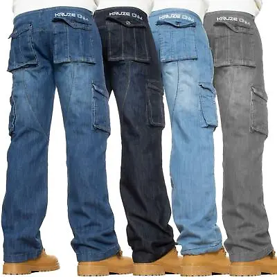 Kruze Mens Combat Jeans Cargo Denim Trousers Casual Work Pants All Waists Sizes • $22.39