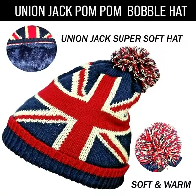 Thermal Union Jack Bobble Hats Winter Knitted British Flag Fleece Beanie Hat UK • £6.75