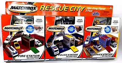 Matchbox Rescue City Take Along Playset 3 Pk - Fire Police And Service Station • $100.97