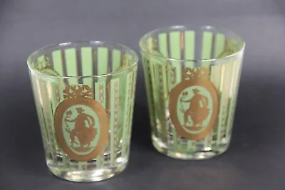 Vintage MCM Cera Green/Gold Striped Athena Cherub Cocktail Glasses • $30