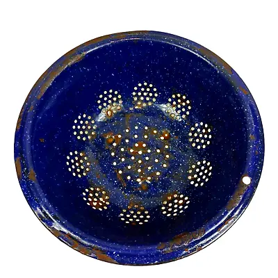 Vintage Blue Speckled Enamelware Colander Metal Strainer 10” Camping Kitchen • $16